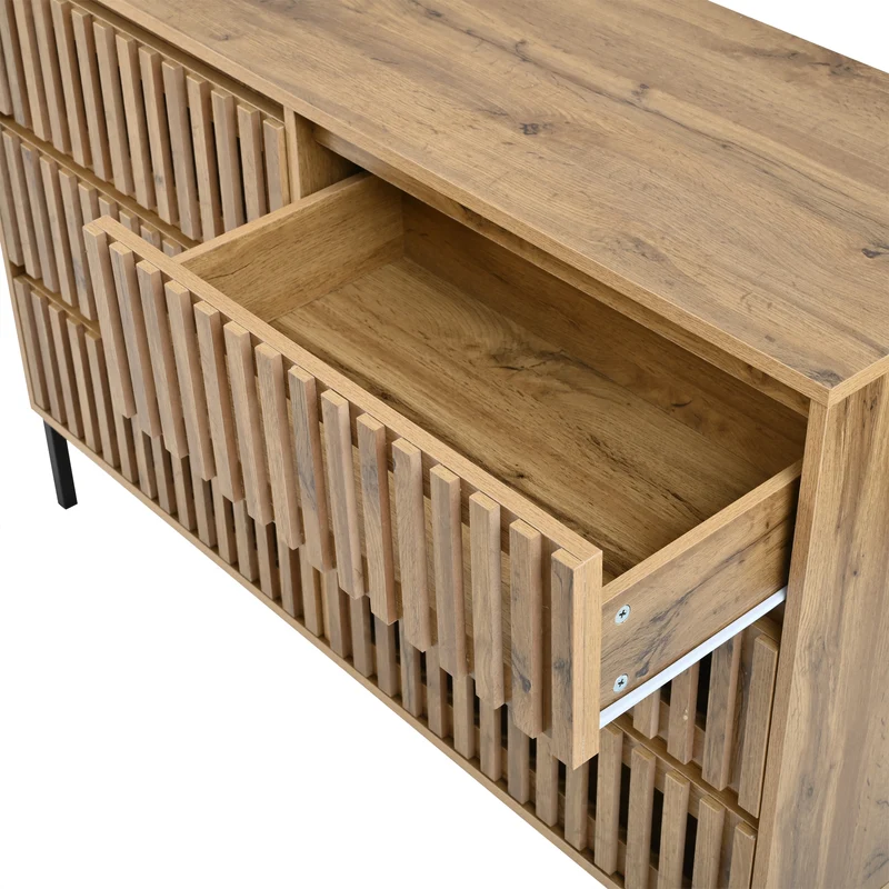 Buffet effet bois 6 tiroirs, style cannage 120x40x81cm RUSTICPANELHOME