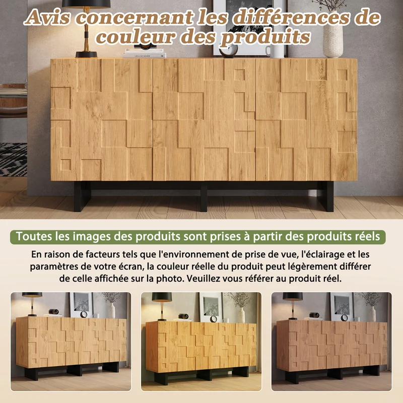 Buffet effet bois naturel motif 3D texturé 3 portes 140×40×70cm RUSTICNIGHTSTANDART