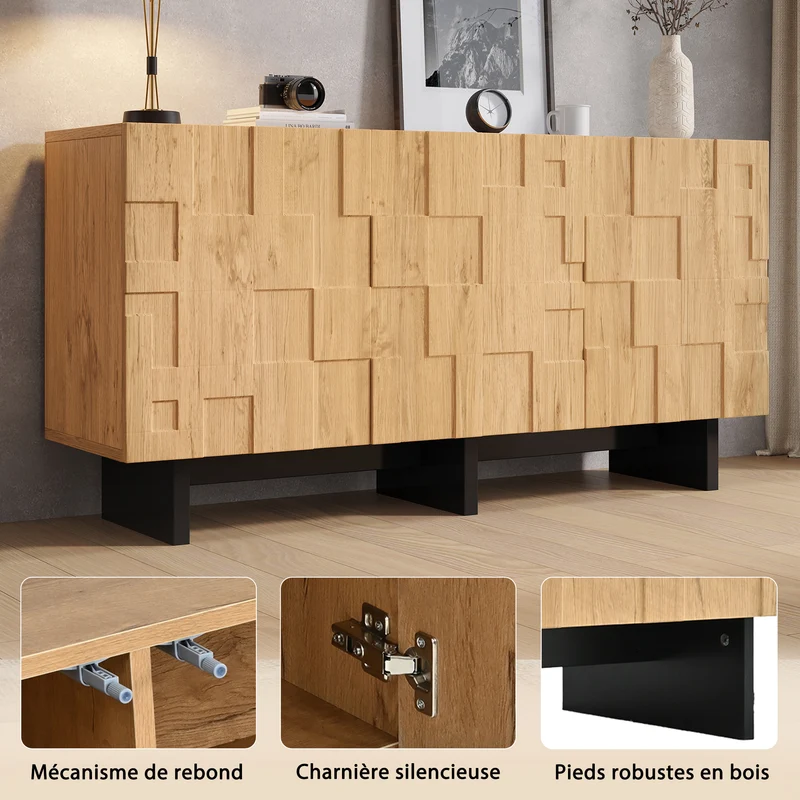Buffet effet bois naturel motif 3D texturé 3 portes 140×40×70cm RUSTICNIGHTSTANDART