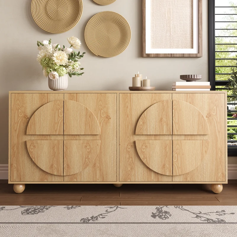 Buffet effet bois naturel à 4 portes, relief circulaire et étagères réglables 160cm RUSTICTRAYSET