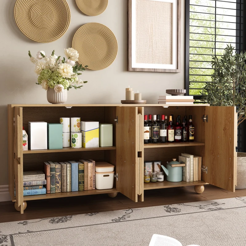 Buffet effet bois naturel à 4 portes, relief circulaire et étagères réglables 160cm RUSTICTRAYSET