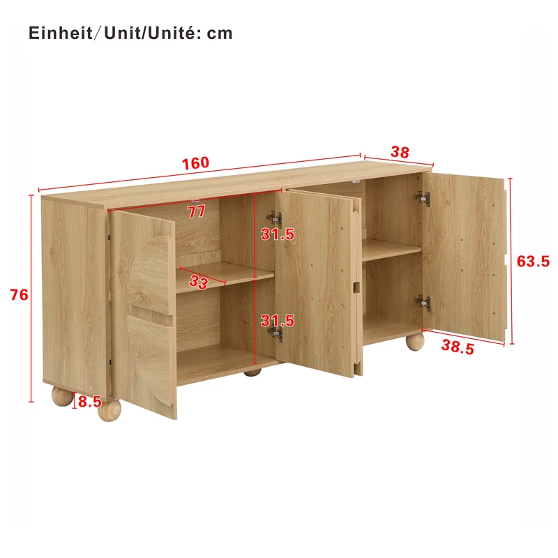 Buffet effet bois naturel à 4 portes, relief circulaire et étagères réglables 160cm RUSTICTRAYSET