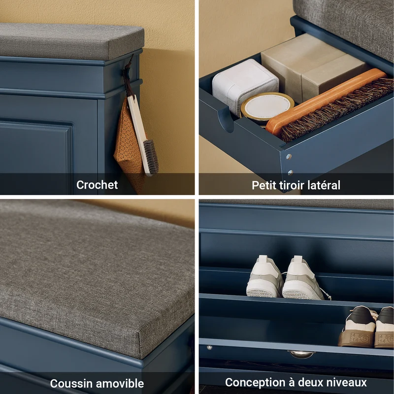 SoBuy FSR82-L-B Banc à Chaussures 75 cm avec Coussin Amovible, Abattant 2 Niveaux, Tiroir et Crochet, 150 kg, FSC® – Slim 24 cm, Bleu