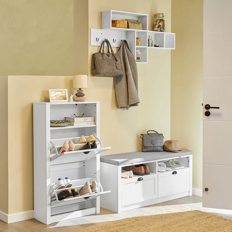 SoBuy FSR87-K-W Armoire à Chaussures 2 Abattants et Compartiment Ouvert – 60×24×110 cm, 50 kg, MDF E1, Blanc