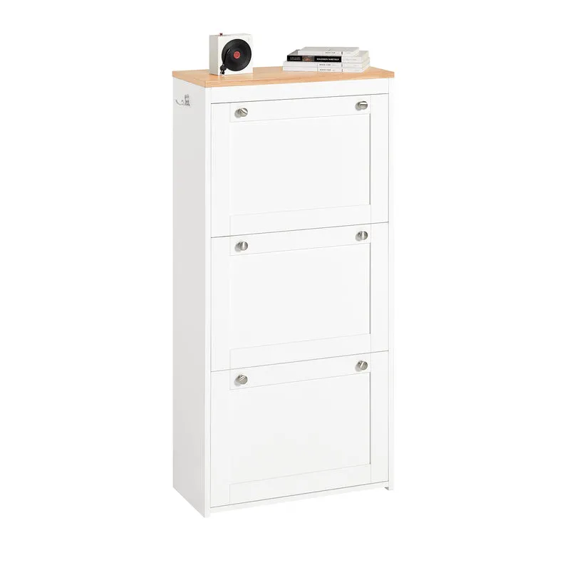 SoBuy FSR144-WN Armoire à Chaussures avec 3 Abattants et 2 Crochets – L59×P26×H116 cm, Charge 30 kg, Blanc et Naturel