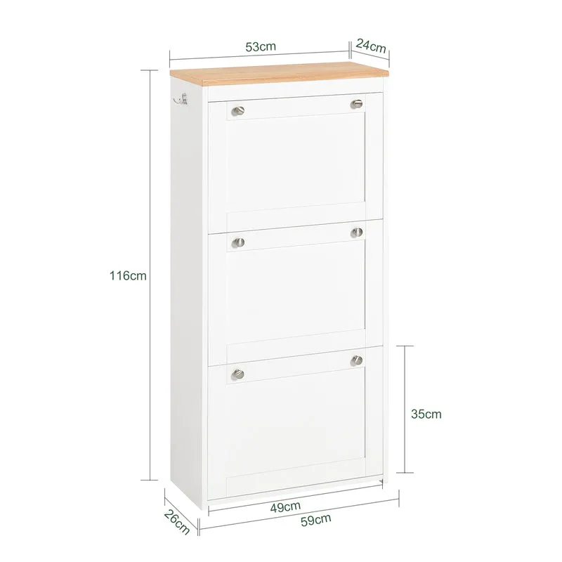 SoBuy FSR144-WN Armoire à Chaussures avec 3 Abattants et 2 Crochets – L59×P26×H116 cm, Charge 30 kg, Blanc et Naturel