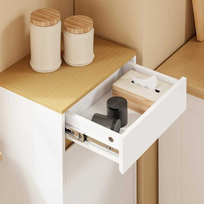 SoBuy FSB112-WN Meuble Poubelle 2 Compartiments avec Pédale et Tiroir – Rangement Blanc Aspect Chêne – 35×25×101,7 cm, Blanc et Chêne