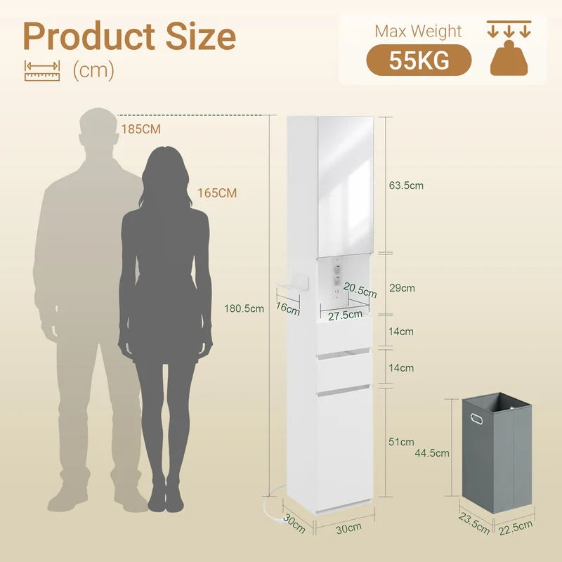 SoBuy BZR240-E-W Colonne de Salle de Bain Étroite avec Miroir et Éclairage – Prise Intégrée et Port USB-A, 2 Tiroirs – 30×30×180,5 cm, Blanc