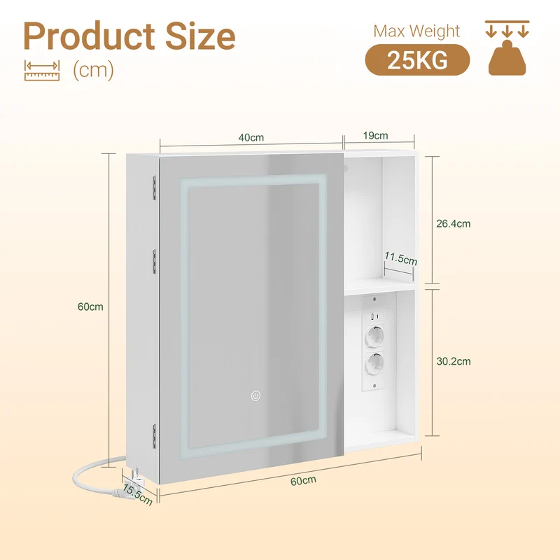 SoBuy BZR239-E-W Armoire Miroir de Salle de Bain avec LED et Prises – Meuble Mural, Étagères – 60×15,5×60 cm, Blanc