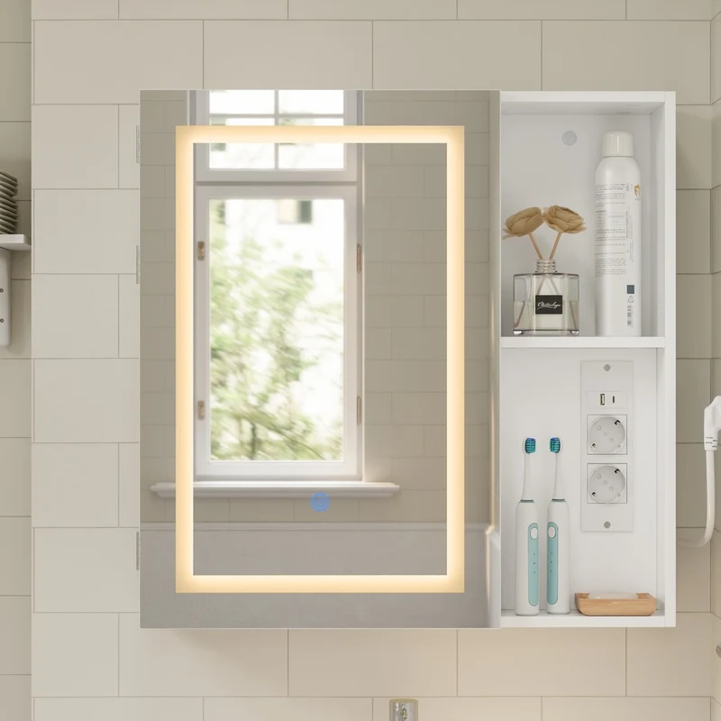 SoBuy BZR239-E-W Armoire Miroir de Salle de Bain avec LED et Prises – Meuble Mural, Étagères – 60×15,5×60 cm, Blanc