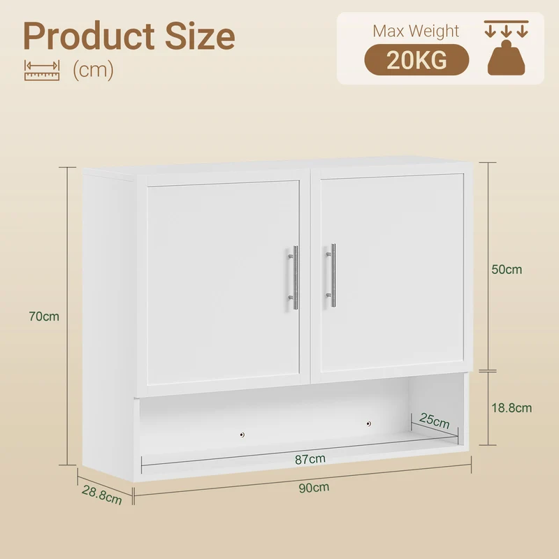 SoBuy BZR233-W Armoire Murale 2 Portes avec Étagère Réglable – Meuble Suspendu Salle de Bain – 90×70×28,5 cm, Blanc