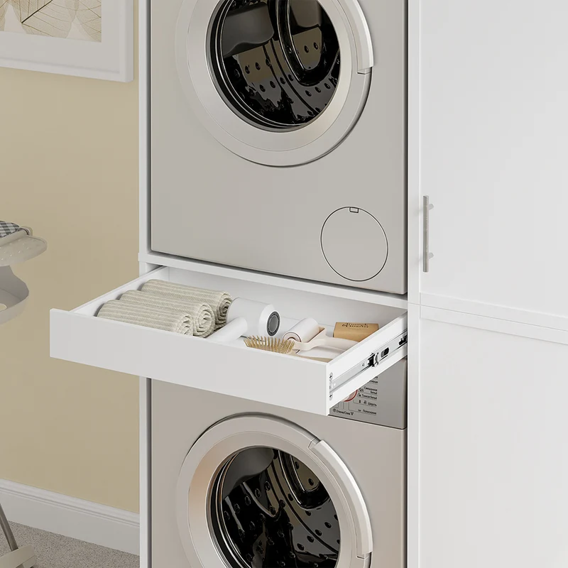 SoBuy BZR231-W Meuble Lave-Linge et Sèche-Linge avec Armoire – Tiroir, Étagères Réglables – 110×60,1×186 cm, Blanc