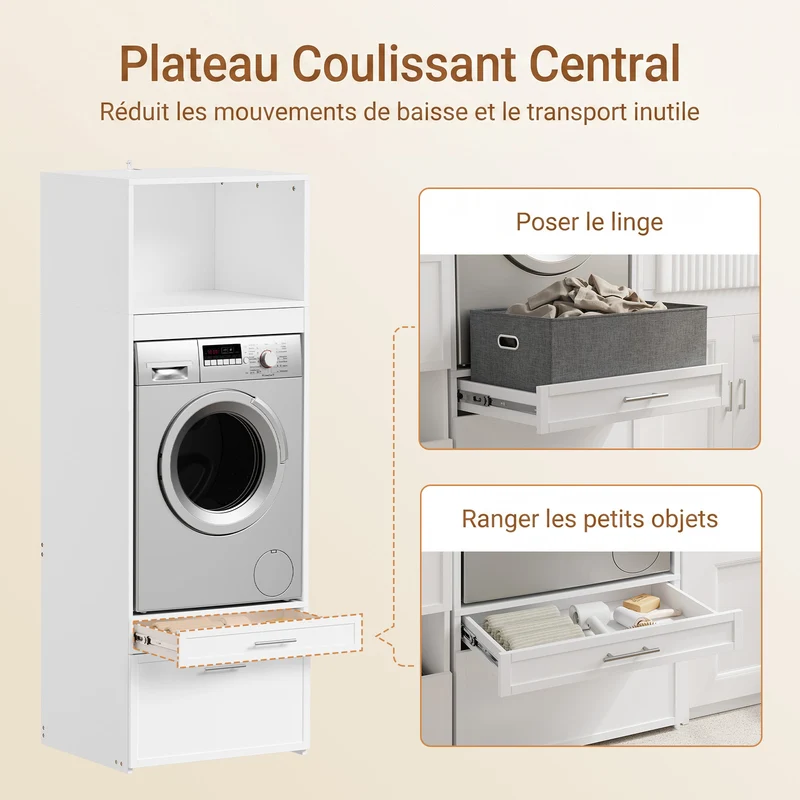 SoBuy BZR230-W Colonne de Buanderie pour Lave-Linge avec 2 Tiroirs – Penderie Escamotable, MDF – 66×60,5×186 cm, Blanc