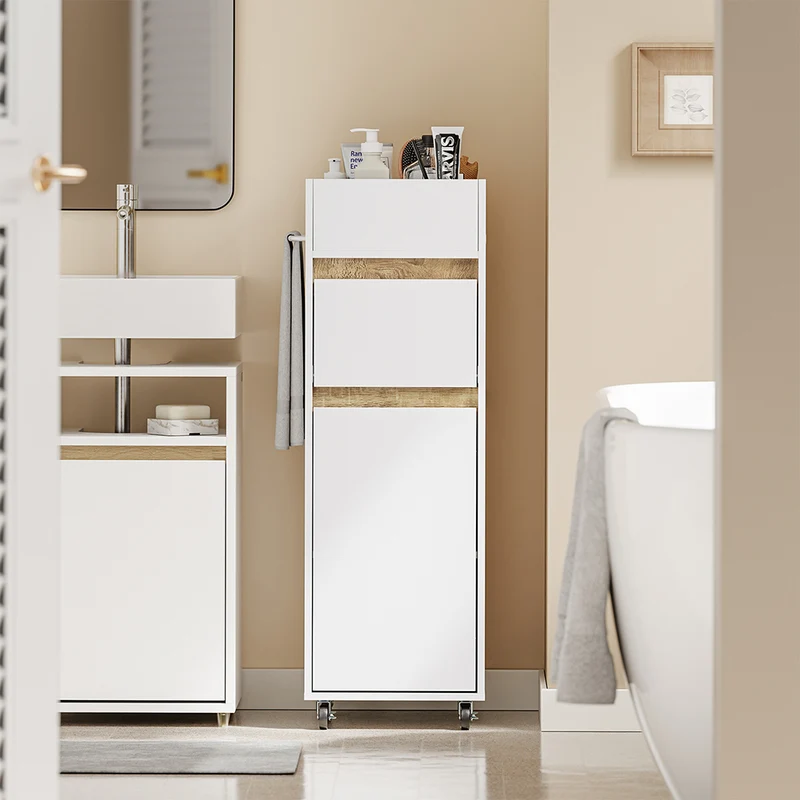 SoBuy BZR225-WN Colonne de Salle de Bain sur Roulettes avec Tiroir – Porte et Étagère, Rangement Vertical – 33×30×91 cm, Blanc