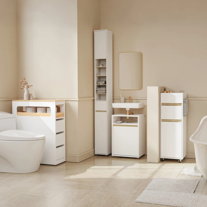 SoBuy BZR225-WN Colonne de Salle de Bain sur Roulettes avec Tiroir – Porte et Étagère, Rangement Vertical – 33×30×91 cm, Blanc