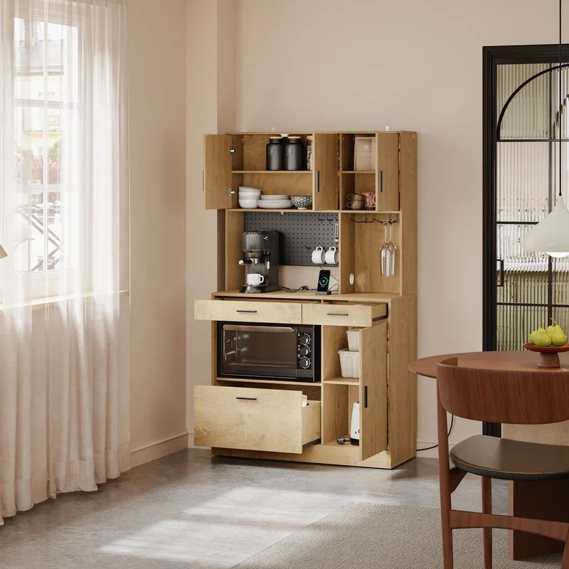 SoBuy FSB98-L-E-N Buffet de Cuisine Haut avec Prises Intégrées et LED – Plan de Travail, Multi-Rangements – 100×40×170 cm, Effet Chêne Clair