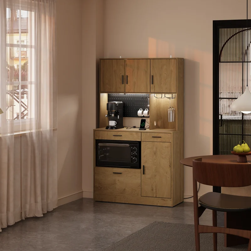 SoBuy FSB98-L-E-N Buffet de Cuisine Haut avec Prises Intégrées et LED – Plan de Travail, Multi-Rangements – 100×40×170 cm, Effet Chêne Clair