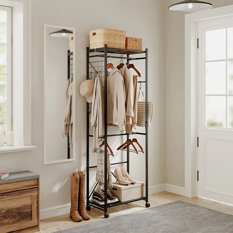 SoBuy KLS21-SCH Vestiaire d'Entrée Industriel sur Roulettes – Crochets et Étagère à Chaussures, Métal Noir – 60×32×175 cm, Noir