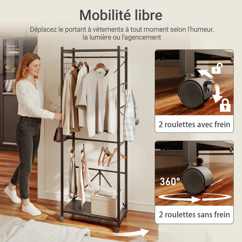 SoBuy KLS21-SCH Vestiaire d'Entrée Industriel sur Roulettes – Crochets et Étagère à Chaussures, Métal Noir – 60×32×175 cm, Noir