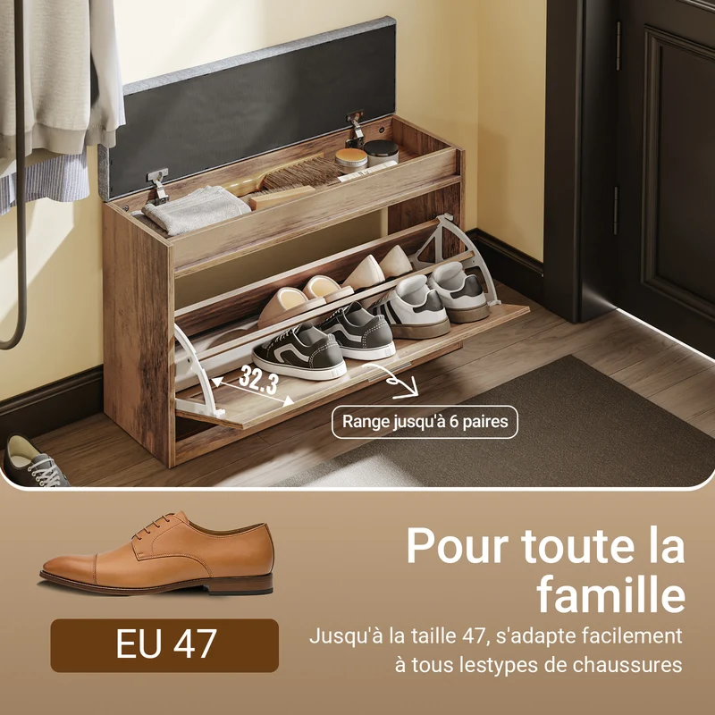 SoBuy FSR218-F Banc à Chaussures avec Coussin Amovible et 1 Abattant – Slim 24 cm, 6-8 Paires, Charge 123 kg – Bois et Gris