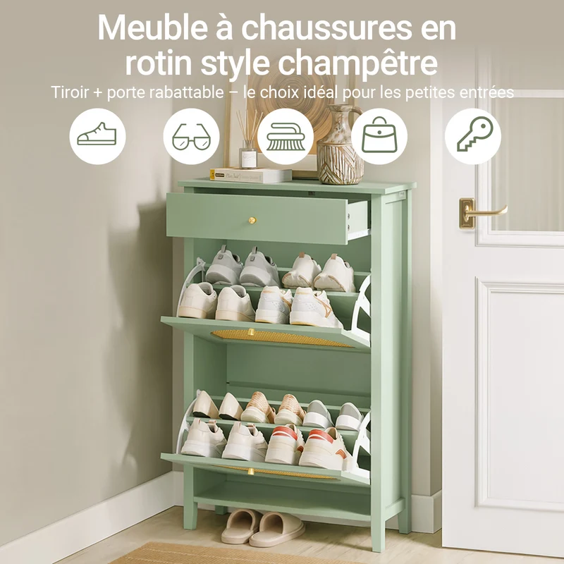 SoBuy FSR223-GR Armoire à Chaussures Cannage 2 Abattants et 1 Tiroir – 12 Paires, Meuble d'Entrée – 62×25×97 cm, Vert