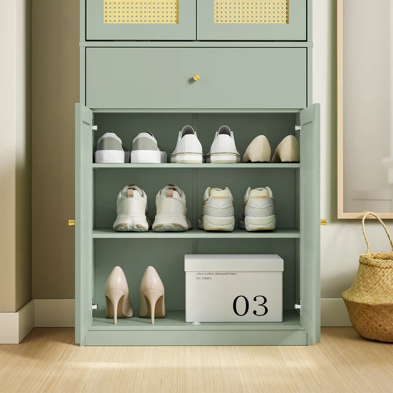 SoBuy FSB107-GR Armoire à Chaussures en Cannage avec Penderie Intégrée – 1 Tiroir, Meuble d'Entrée – 70×34×180 cm, Vert