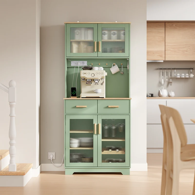 SoBuy FSB108-E-GR Buffet de Cuisine avec Éclairage LED et Prises USB – 4 Portes Vitrées, 2 Tiroirs, 6 Étagères – 80×38×180 cm, Vert Sauge