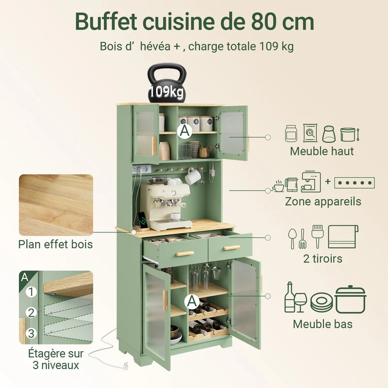 SoBuy FSB108-E-GR Buffet de Cuisine avec Éclairage LED et Prises USB – 4 Portes Vitrées, 2 Tiroirs, 6 Étagères – 80×38×180 cm, Vert Sauge