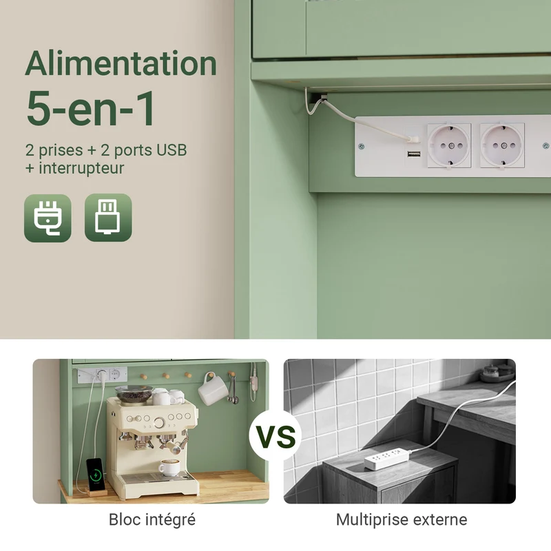 SoBuy FSB108-E-GR Buffet de Cuisine avec Éclairage LED et Prises USB – 4 Portes Vitrées, 2 Tiroirs, 6 Étagères – 80×38×180 cm, Vert Sauge