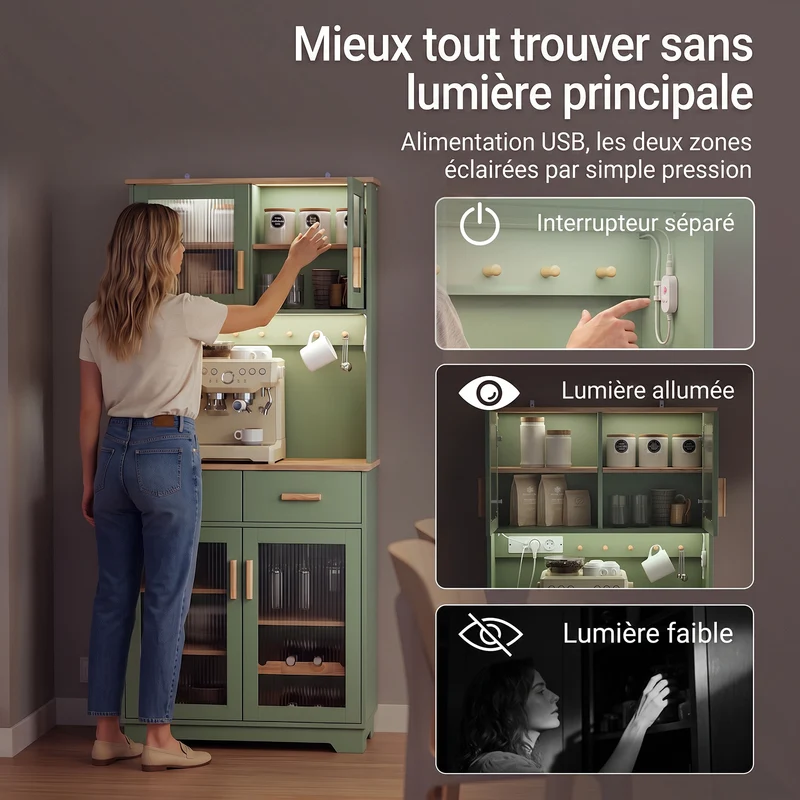 SoBuy FSB108-E-GR Buffet de Cuisine avec Éclairage LED et Prises USB – 4 Portes Vitrées, 2 Tiroirs, 6 Étagères – 80×38×180 cm, Vert Sauge