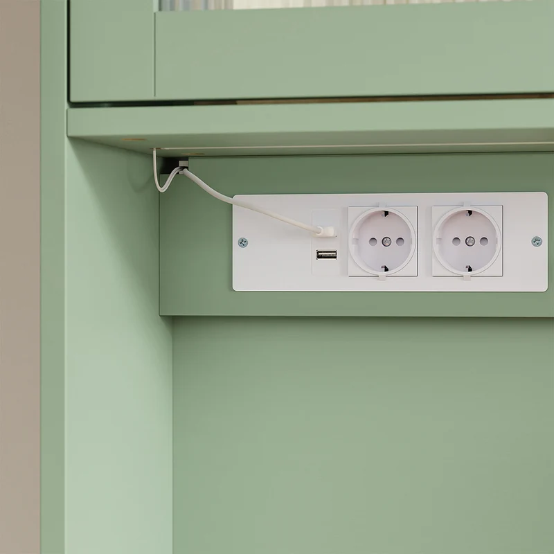 SoBuy FSB108-E-GR Buffet de Cuisine avec Éclairage LED et Prises USB – 4 Portes Vitrées, 2 Tiroirs, 6 Étagères – 80×38×180 cm, Vert Sauge