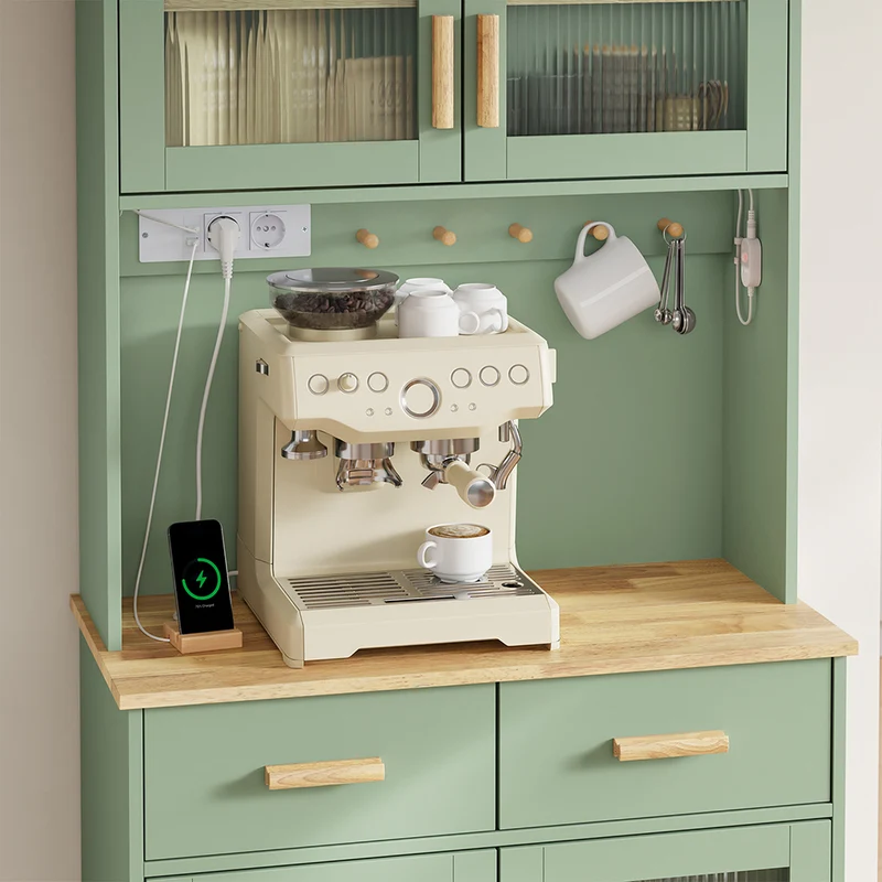 SoBuy FSB108-E-GR Buffet de Cuisine avec Éclairage LED et Prises USB – 4 Portes Vitrées, 2 Tiroirs, 6 Étagères – 80×38×180 cm, Vert Sauge