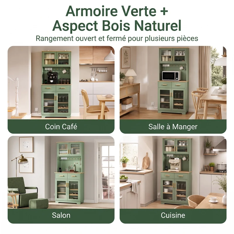 SoBuy FSB108-E-GR Buffet de Cuisine avec Éclairage LED et Prises USB – 4 Portes Vitrées, 2 Tiroirs, 6 Étagères – 80×38×180 cm, Vert Sauge