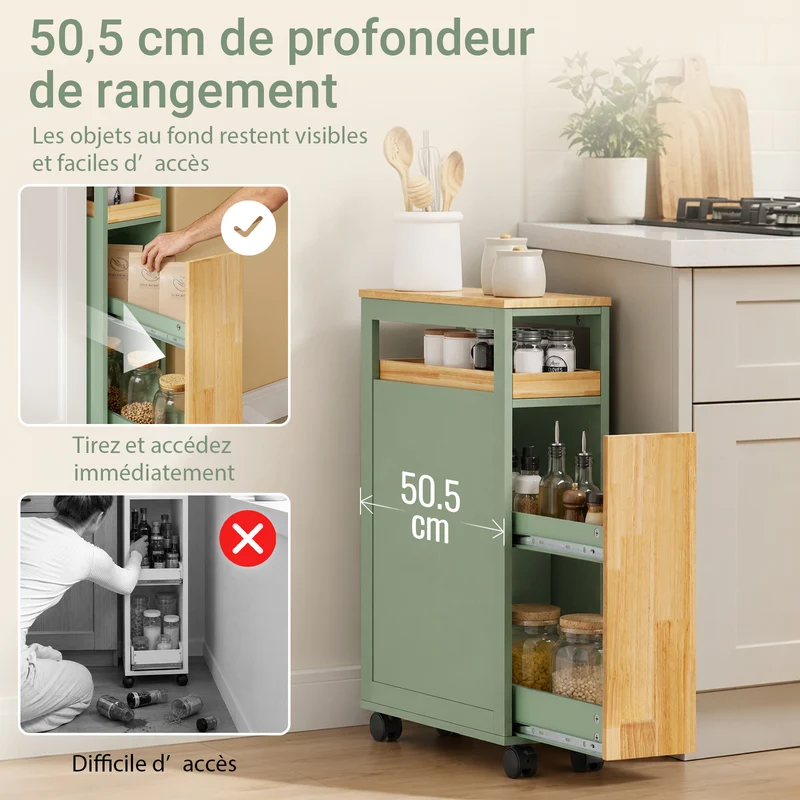 SoBuy NSR14-GR Desserte de Cuisine Étroite sur Roulettes – Porte et Tiroir, Rangement Gain de Place – 50×20×79 cm, Vert et Bois