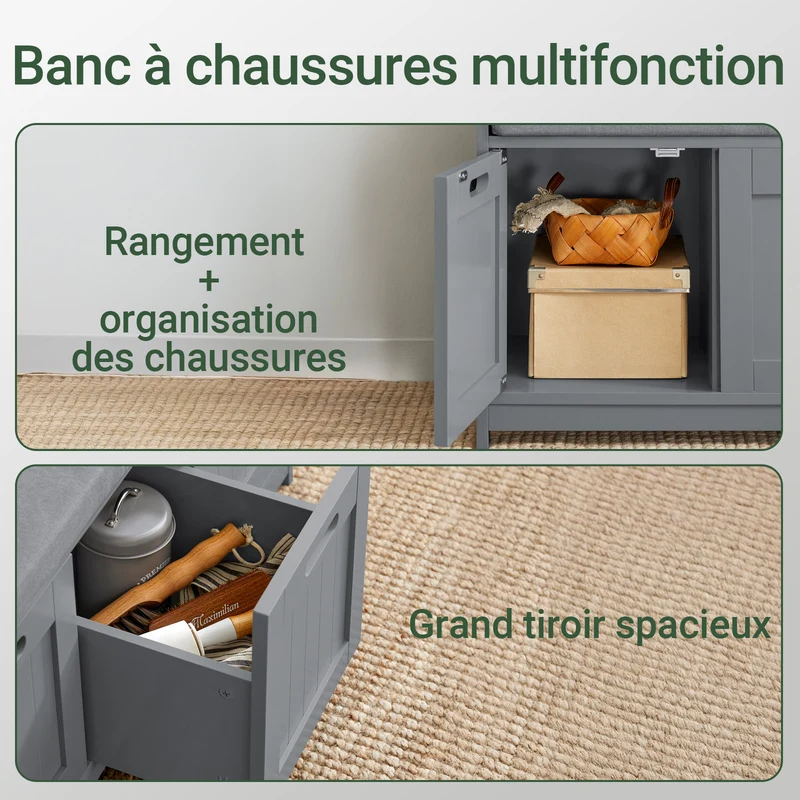SoBuy FSR80-SG Banc à Chaussures avec Coussin Rembourré, 2 Portes et 1 Cube de Rangement pour Entrée – 90x35x45 cm, Gris Argenté