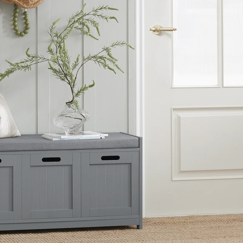 SoBuy FSR80-SG Banc à Chaussures avec Coussin Rembourré, 2 Portes et 1 Cube de Rangement pour Entrée – 90x35x45 cm, Gris Argenté