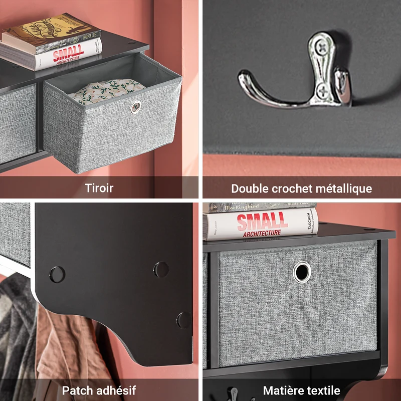 SoBuy FRG282-SCH Porte-Manteau Mural avec 5 Crochets et 3 Paniers, pour Entrée et Couloir, Design Fonctionnel, Usage Quotidien – L100×P20×H30 cm, Bois, Noir