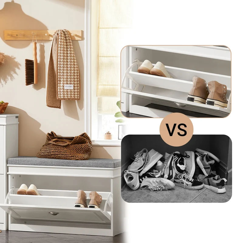 Banc à chaussures avec coussin et rangement frontal