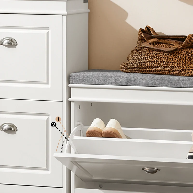 Banc à chaussures avec coussin et rangement frontal
