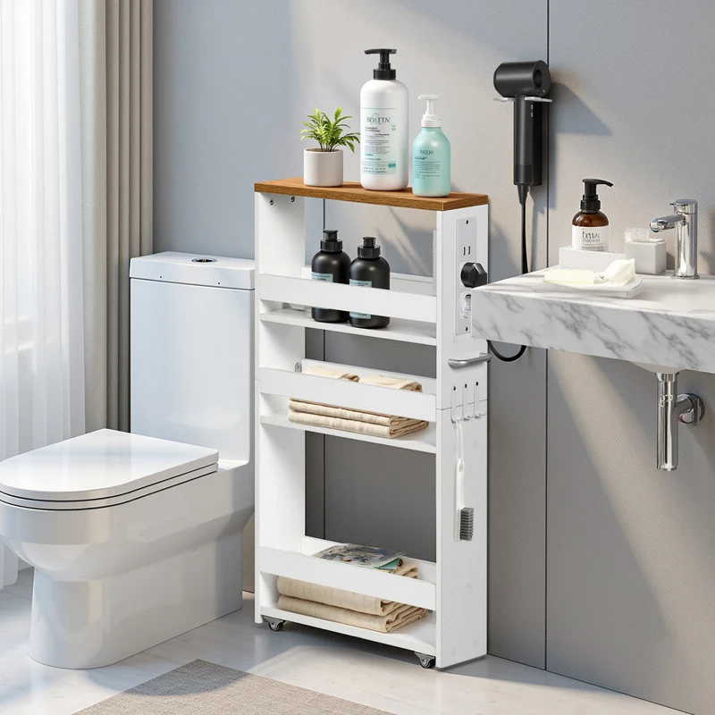 Chariot de rangement étroit blanc à 4 niveaux avec multiprise et roulettes – GOODE Organiseur de cuisine et de salle de bain