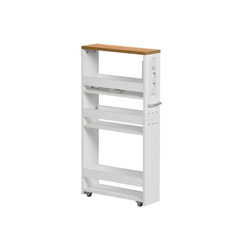 Chariot de rangement étroit blanc à 4 niveaux avec multiprise et roulettes – GOODE Organiseur de cuisine et de salle de bain