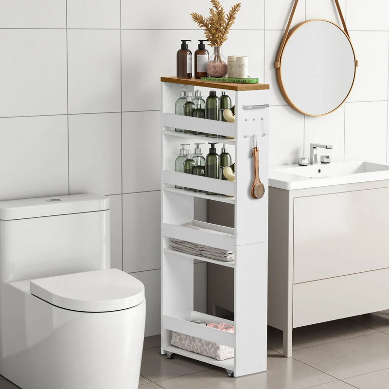 Chariot de rangement à roulettes fin à 5 niveaux - Chariot de cuisine étroit avec roulettes, blanc - BOCA