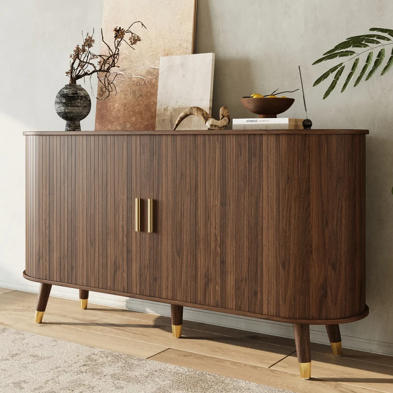 Buffet rétro vintage effet noyer 2 portes coulissantes, 2 tiroirs, pieds bois et points dorés design arrondi CASCADENYX