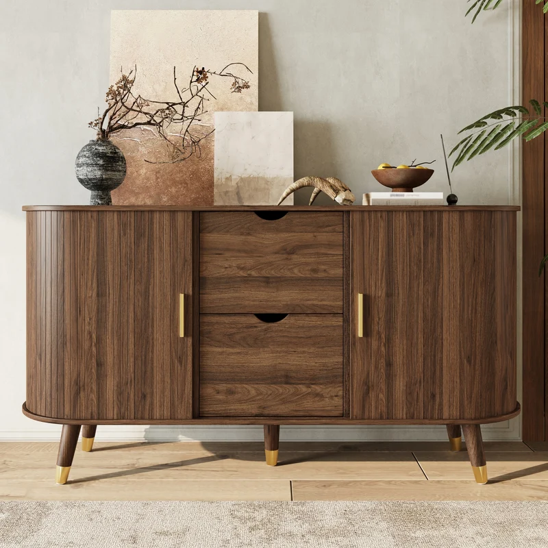 Buffet rétro vintage effet noyer 2 portes coulissantes, 2 tiroirs, pieds bois et points dorés design arrondi CASCADENYX