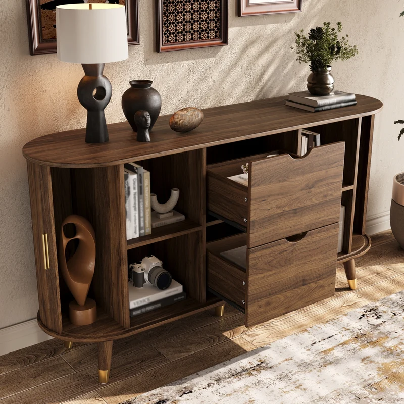 Buffet rétro vintage effet noyer 2 portes coulissantes, 2 tiroirs, pieds bois et points dorés design arrondi CASCADENYX
