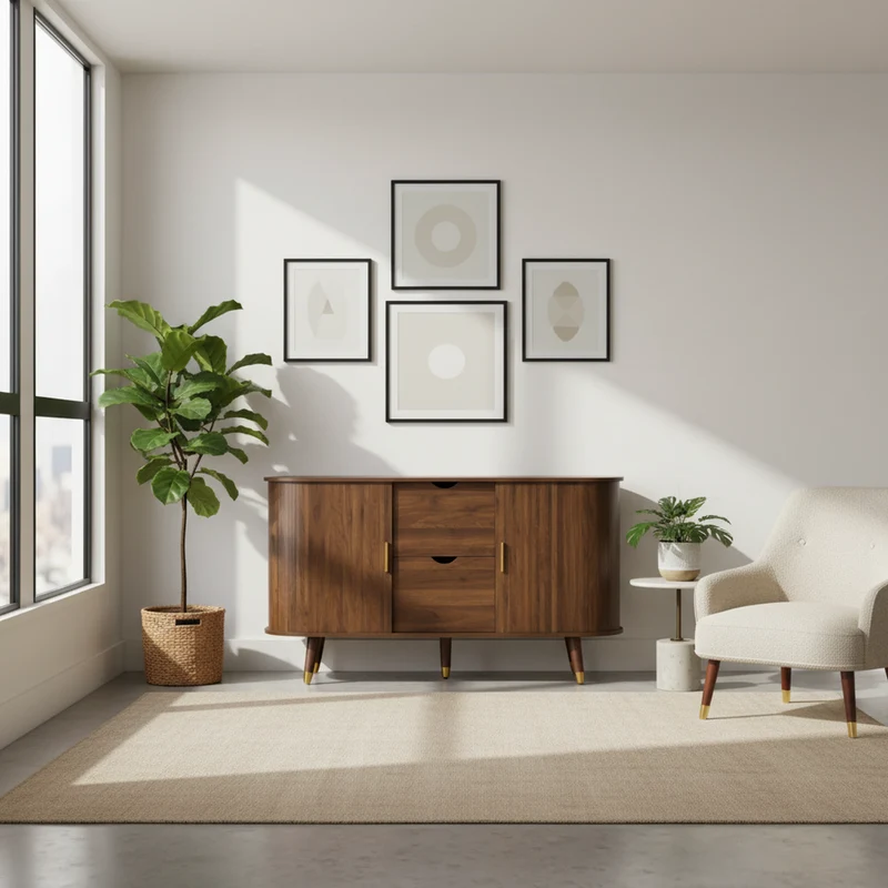 Buffet rétro vintage effet noyer 2 portes coulissantes, 2 tiroirs, pieds bois et points dorés design arrondi CASCADENYX