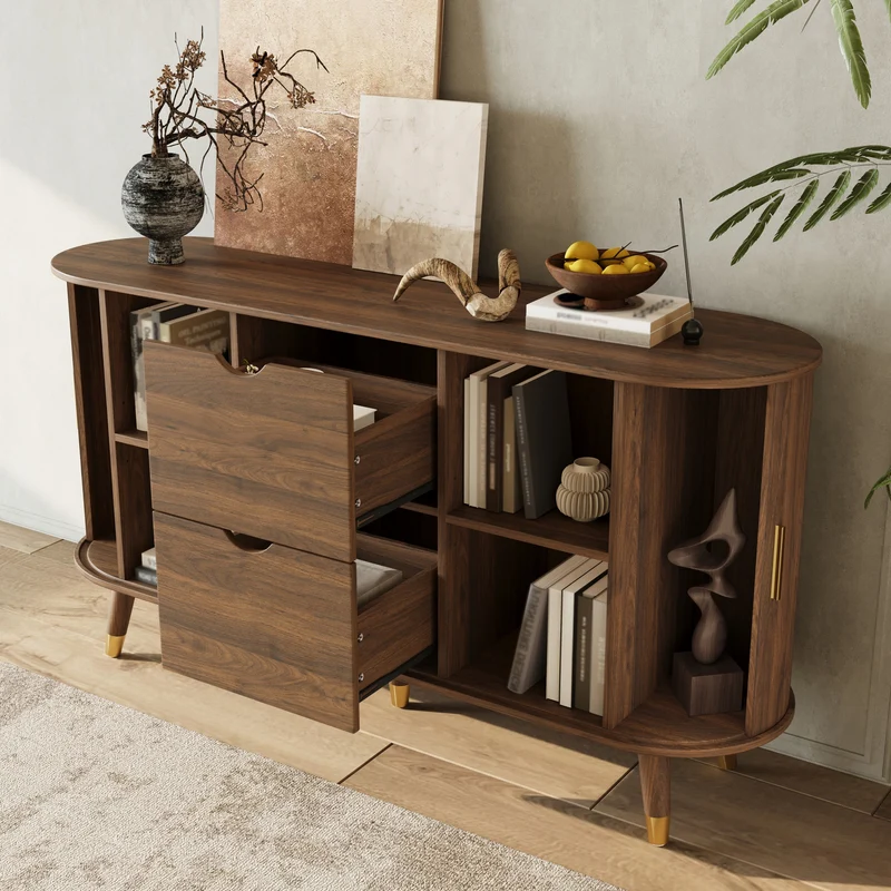 Buffet rétro vintage effet noyer 2 portes coulissantes, 2 tiroirs, pieds bois et points dorés design arrondi CASCADENYX