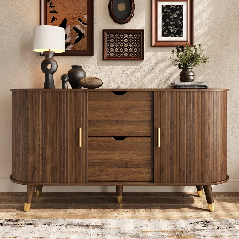 Buffet rétro vintage effet noyer 2 portes coulissantes, 2 tiroirs, pieds bois et points dorés design arrondi CASCADENYX