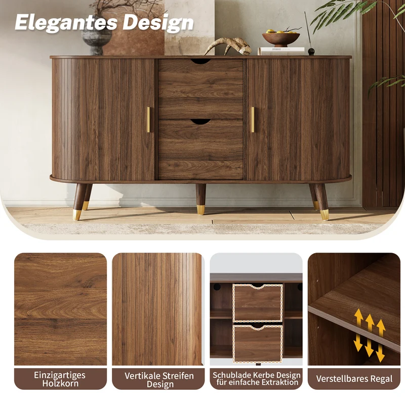 Buffet rétro vintage effet noyer 2 portes coulissantes, 2 tiroirs, pieds bois et points dorés design arrondi CASCADENYX