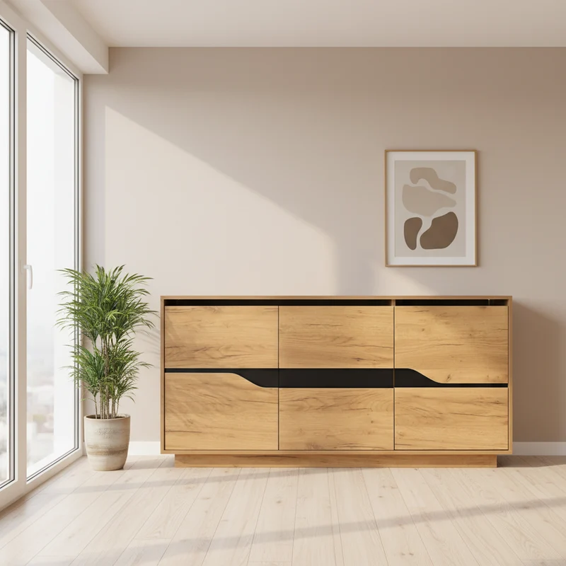 Buffet industriel effet bois et noir 3 portes 140x40x70 cm RIFTZORVAKYNOR